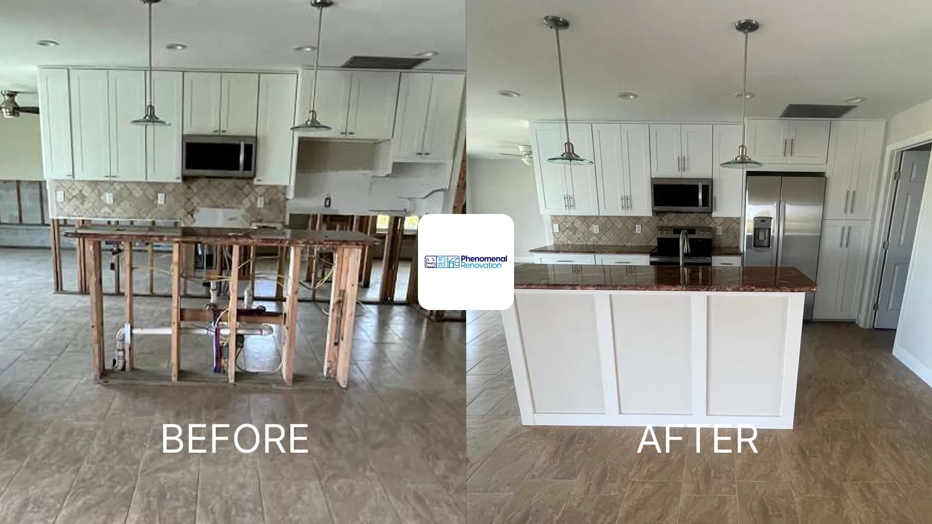 Bathroom before and after a Phenomenal Renovation remodel