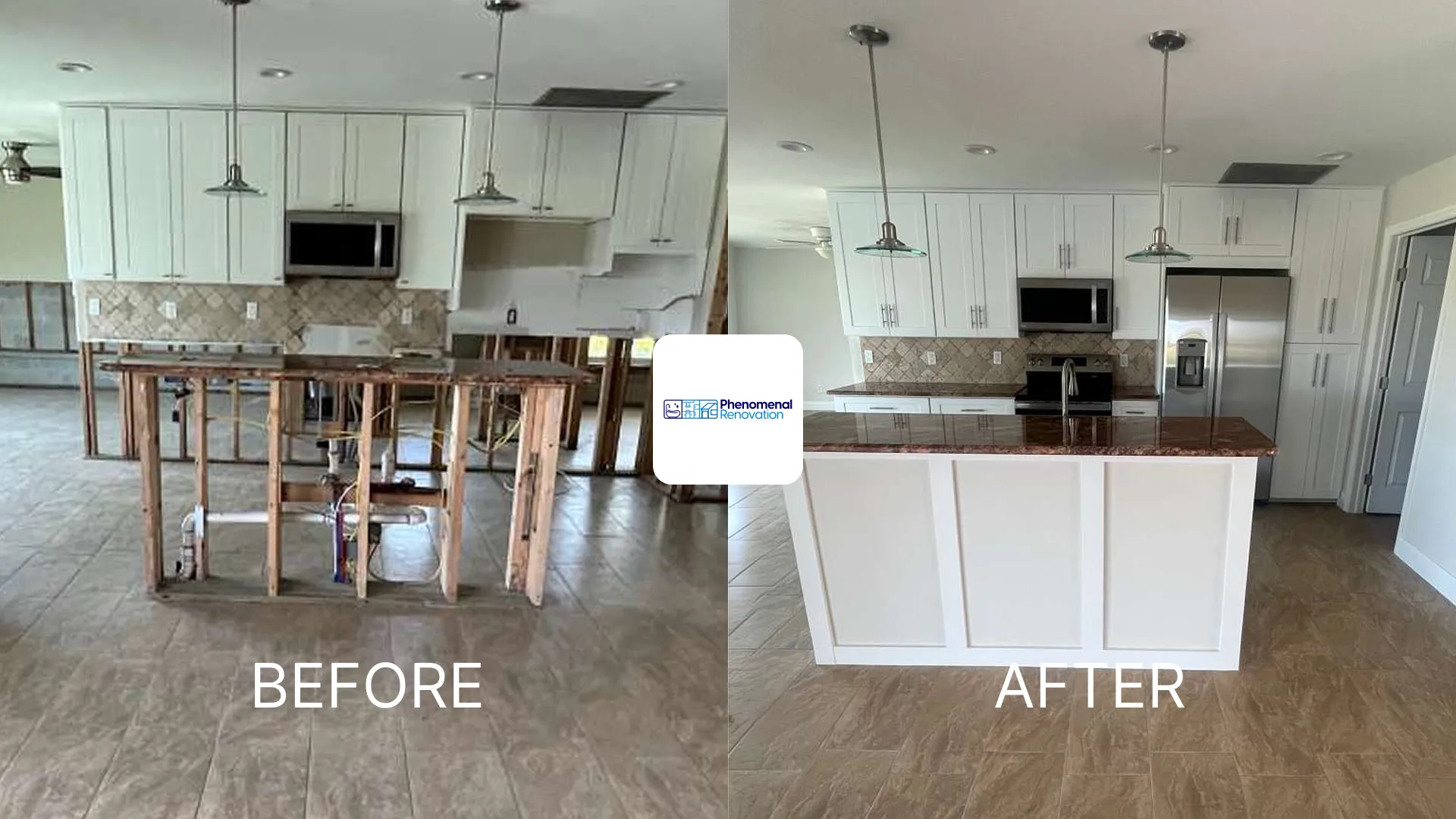 Bathroom before and after a Phenomenal Renovation remodel