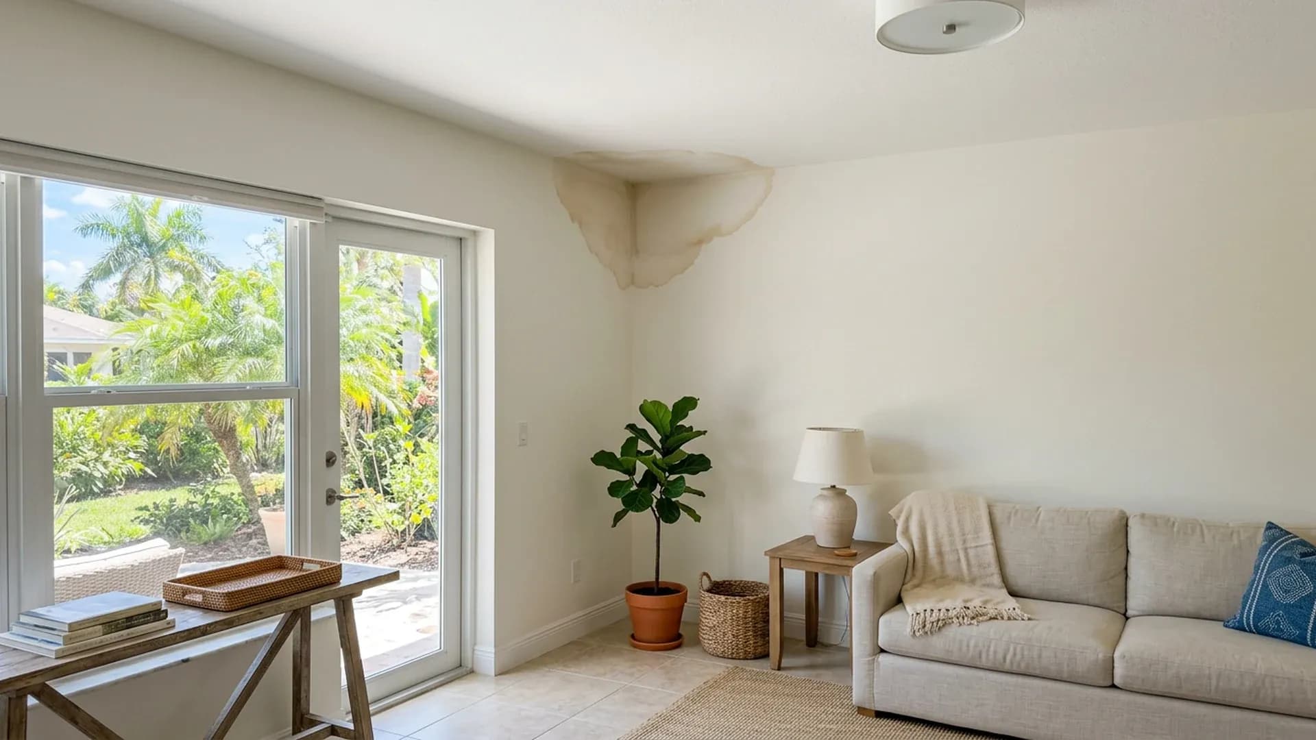 Water stain on a painted drywall wall and ceiling corner in a Florida living room