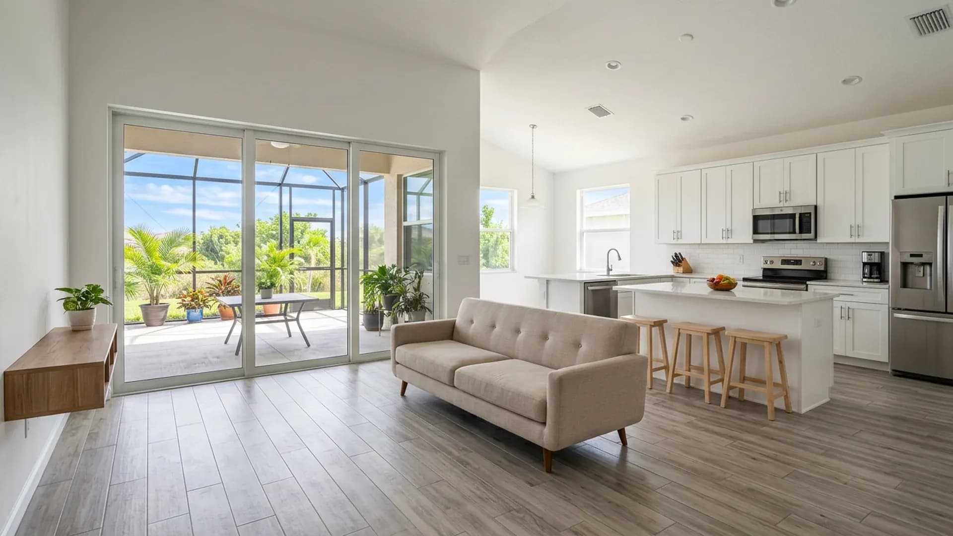 Open living room and kitchen with continuous wood-look plank flooring and a sliding glass door to a lanai