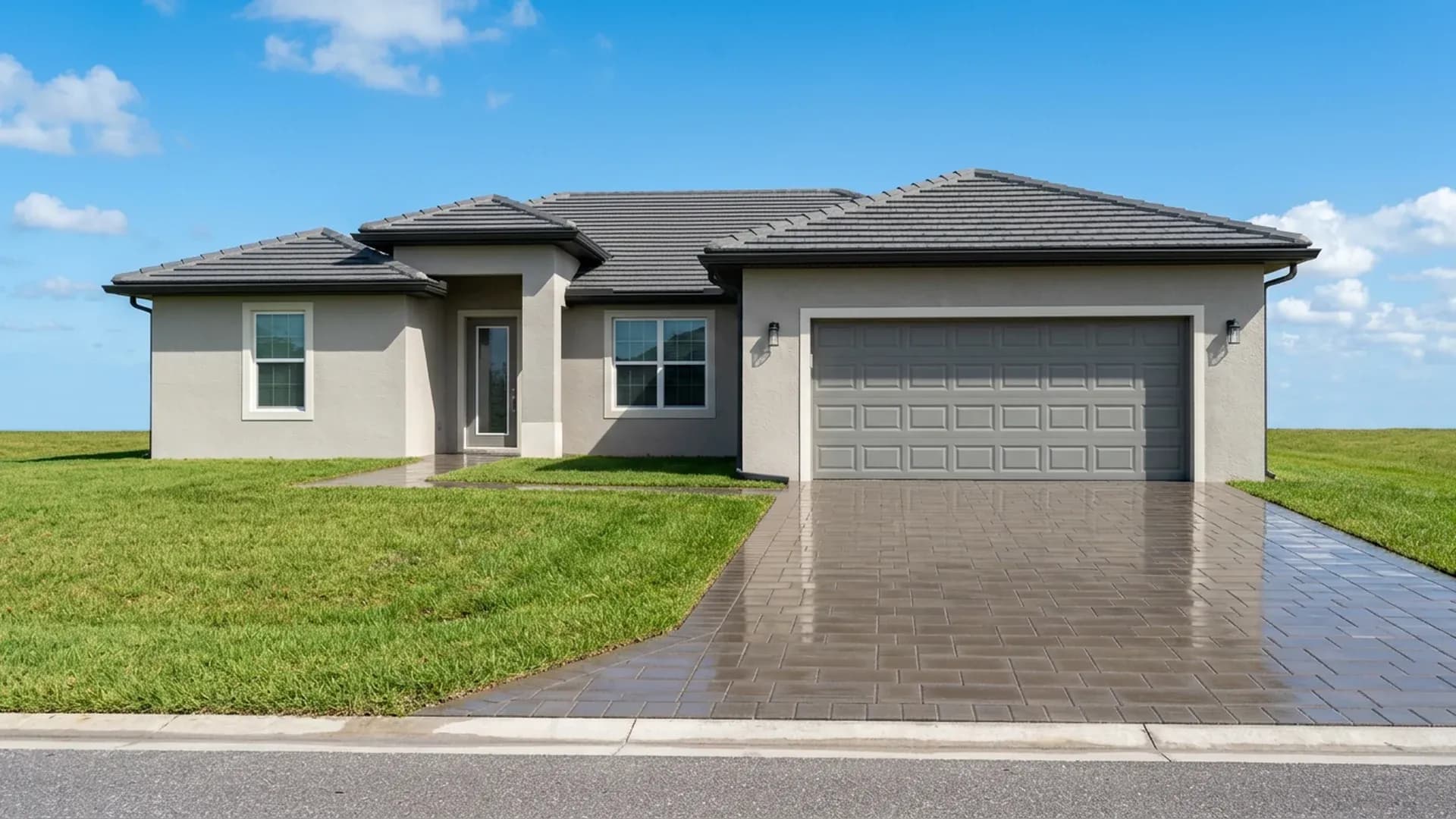 Gray paver driveway and walkway with a glossy wet-look finish in front of a single-story stucco home